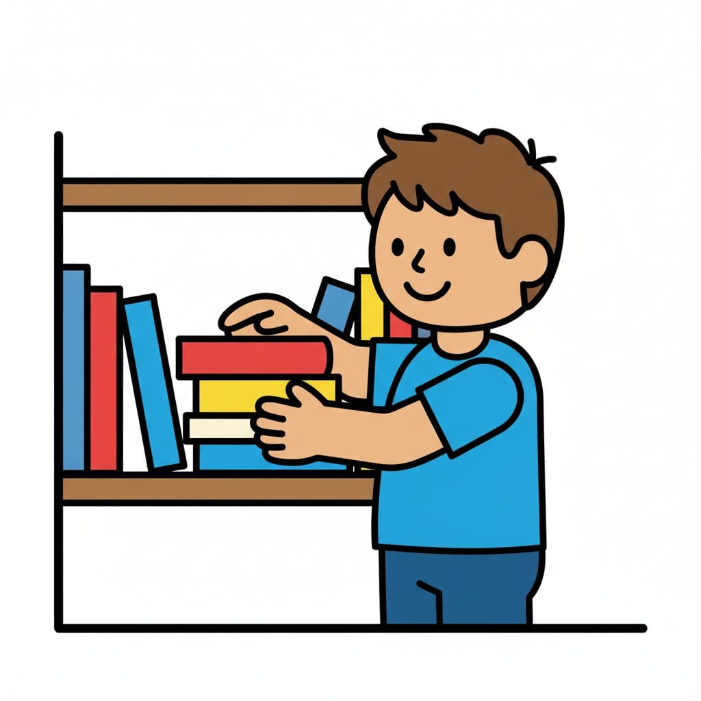 Ein Junge im blauen Shirt hebt einen Stapel Bücher in ein Holzregal, in dem schon andere Bücher stehen.