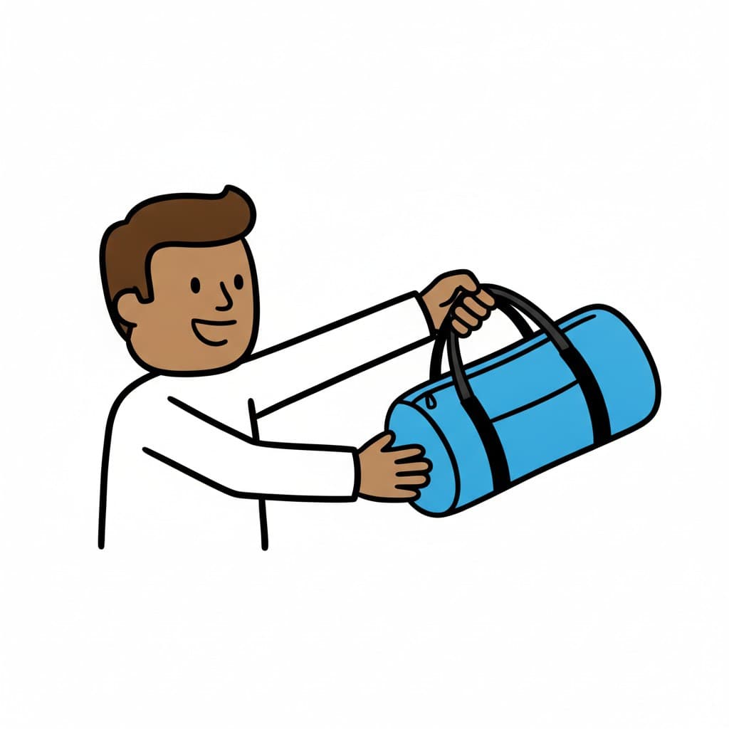 A boy reaches out and picks up a blue sports bag.