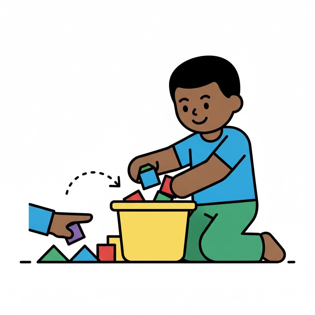 A boy kneels on the floor and puts building blocks into a yellow box.