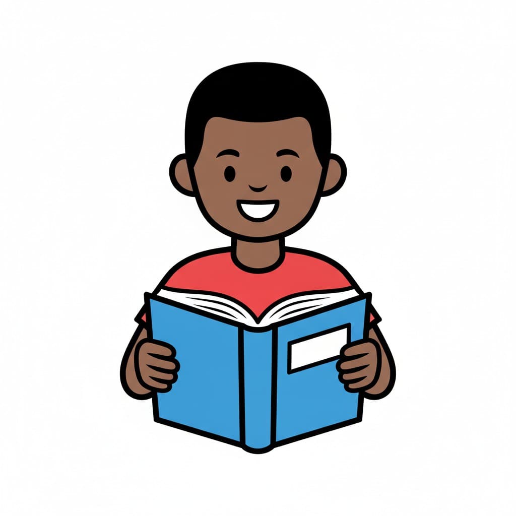 A boy holds an open book and reads on his own.
