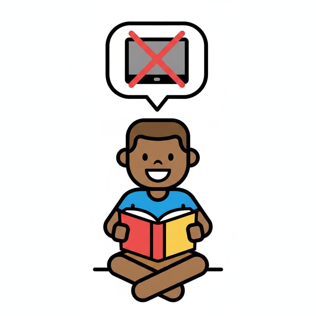 A boy sits cross-legged with an open book while a crossed-out tablet appears in a bubble above him.