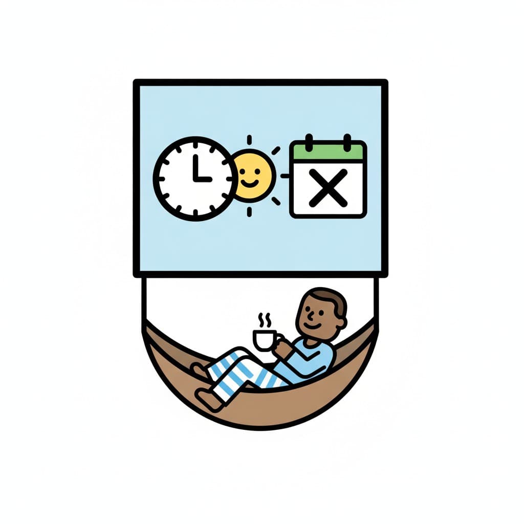 A boy relaxes in a hammock with a hot drink, with a clock, a sun and a calendar marked with a cross above him.
