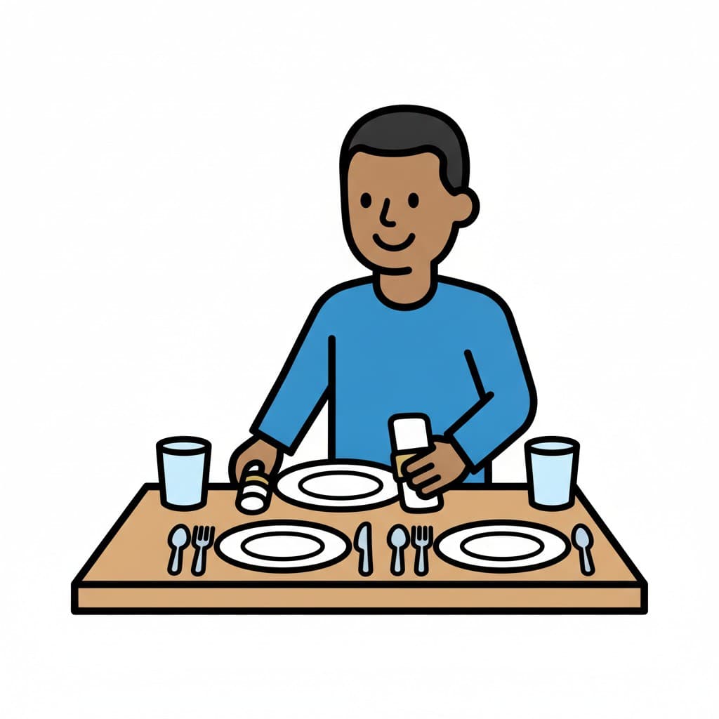 A boy sets a table with plates, glasses, cutlery and napkins.