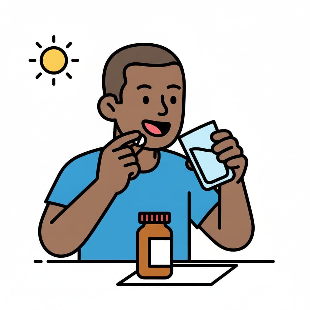 A boy holds a pill up to his mouth and a glass of water in the other hand, with a medicine bottle on the table and a sun beside him.