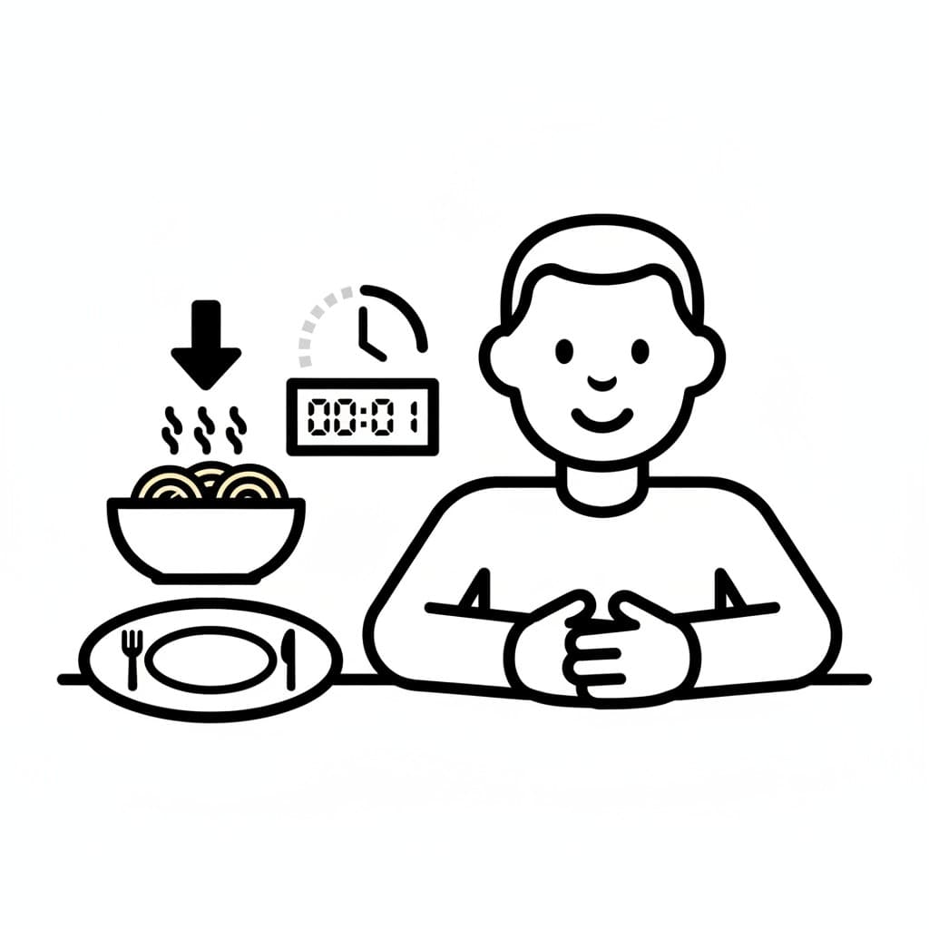 With hands folded at the table, a boy waits while a steaming bowl of pasta arrives.
