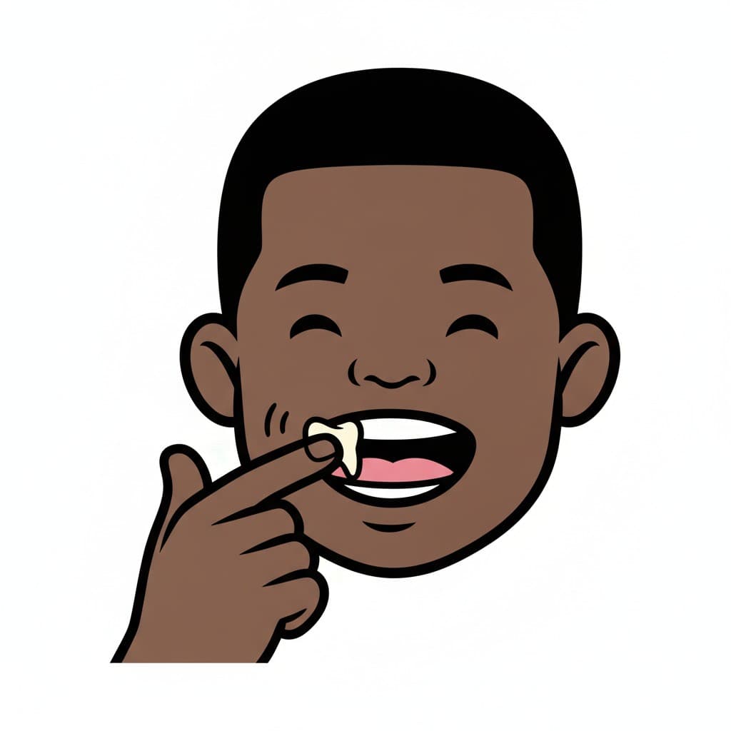 A smiling boy uses his finger to wiggle a loose front tooth.