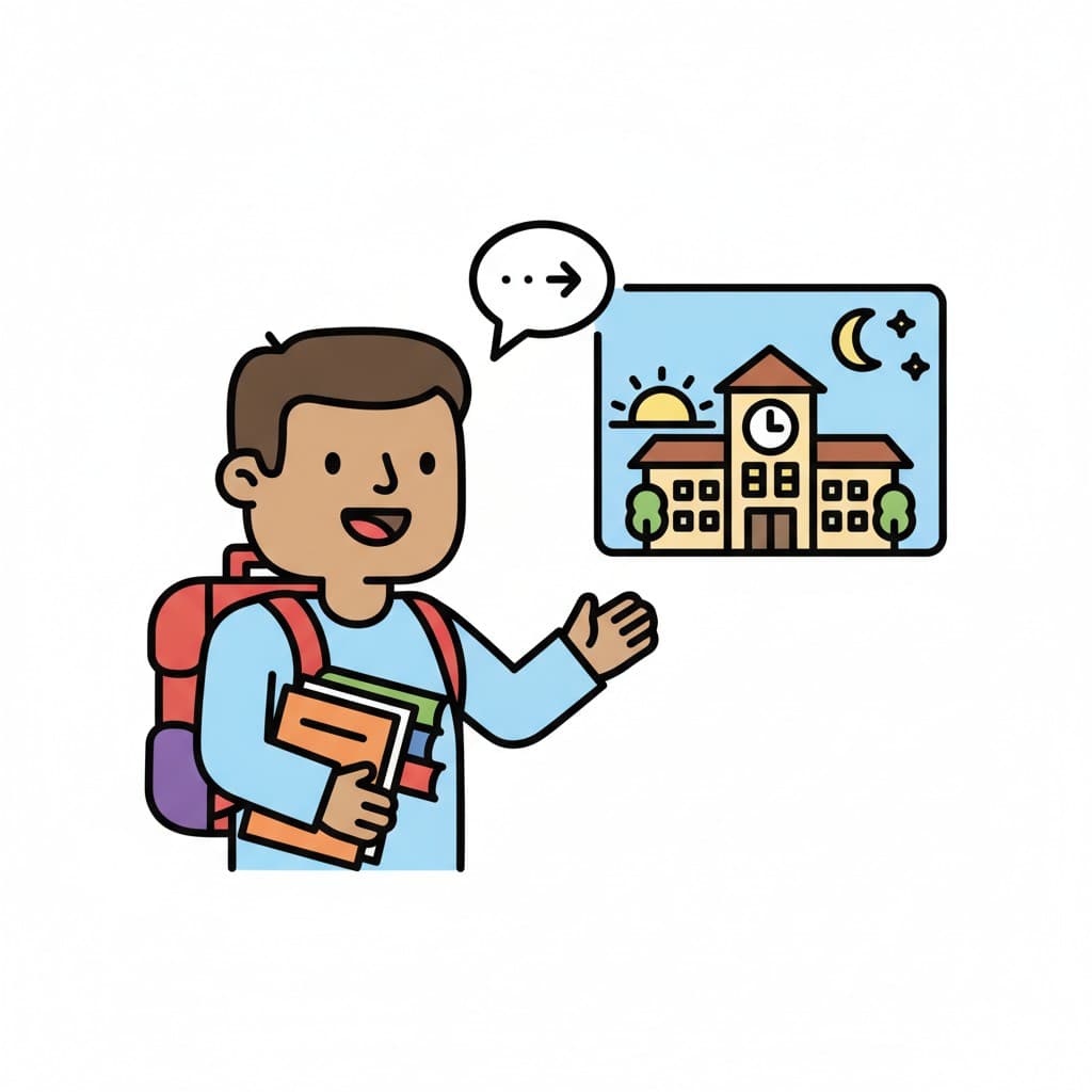 A boy with a backpack and books points at a sign showing a school building, a sun and a moon.
