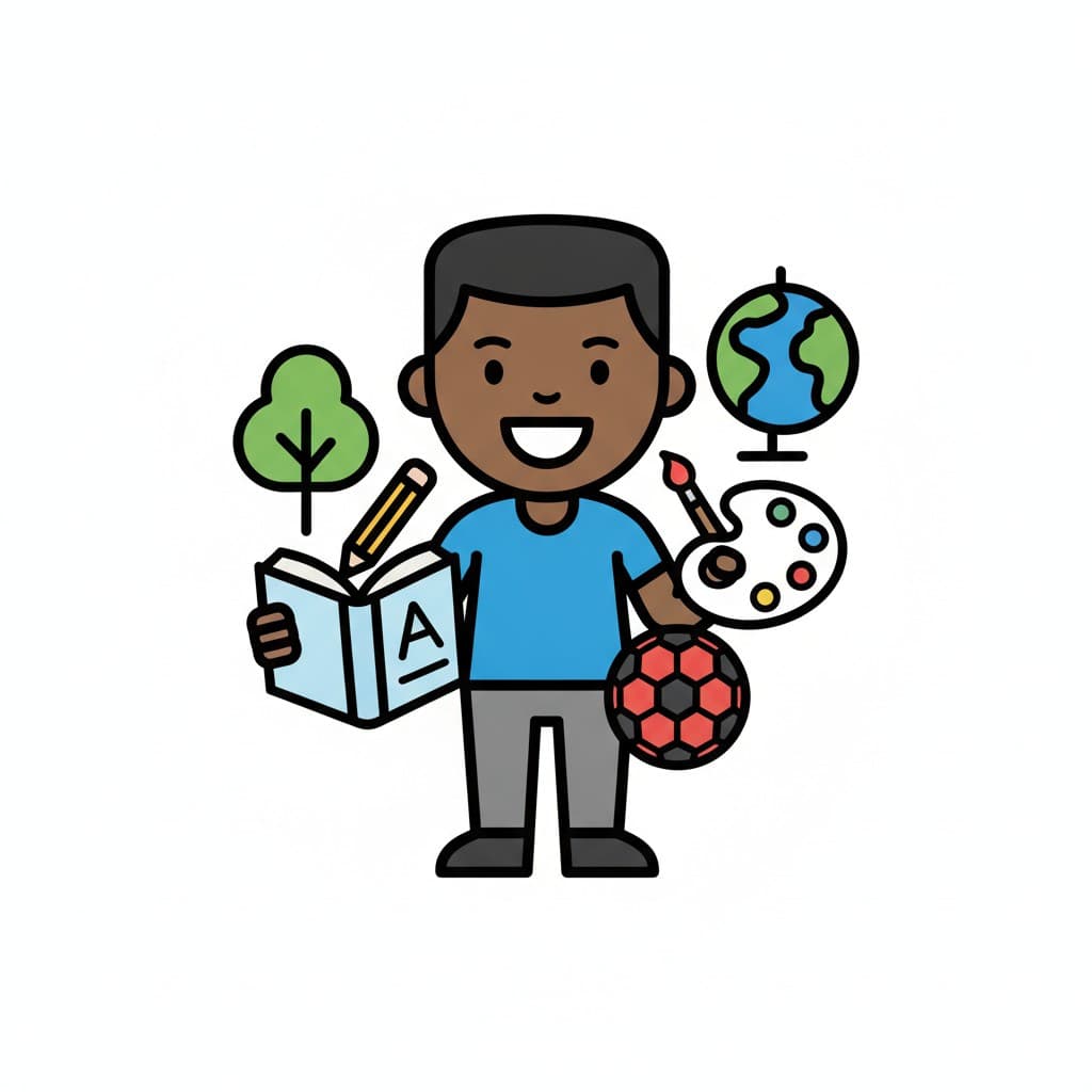 A boy stands holding an open book surrounded by symbols of a pencil, a globe, a paint palette and a football.