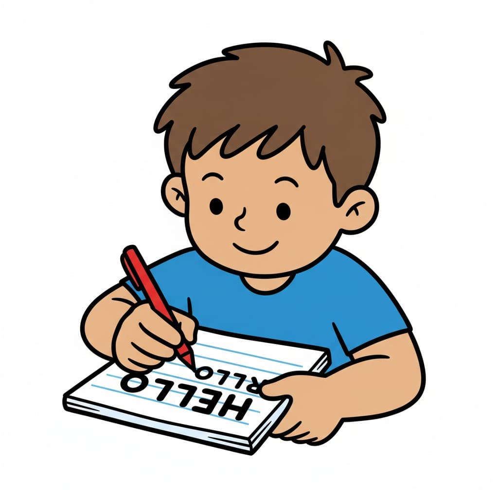 A boy in a blue t-shirt holds a red pen and writes the word HELLO in large letters on a lined notepad.