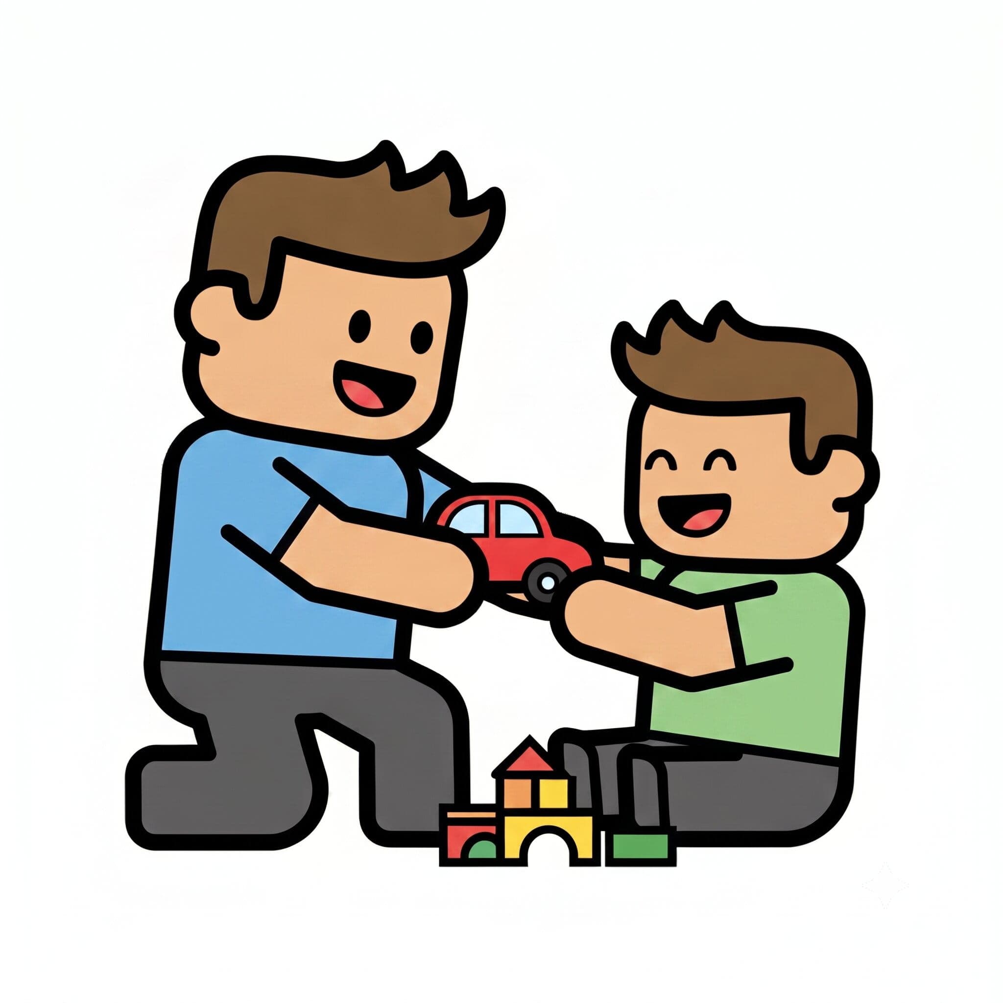 Two brothers play together with a toy car and building blocks.