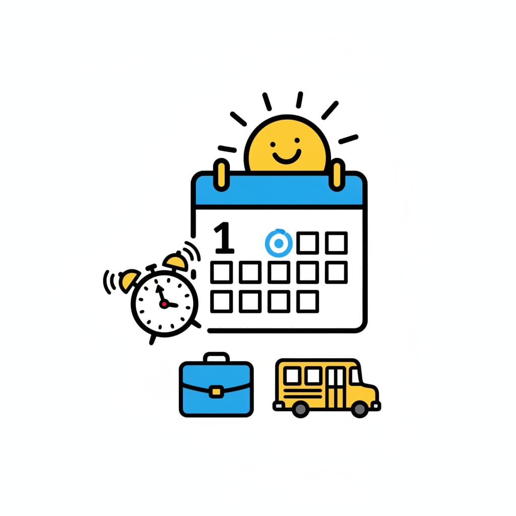 A calendar with day 1 circled sits under a smiling sun, an alarm clock ringing at its side and a blue bag and yellow school bus below.