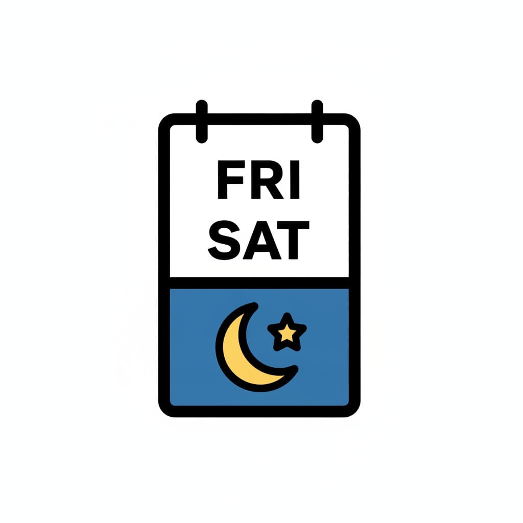 A calendar showing FRI and SAT with a moon.