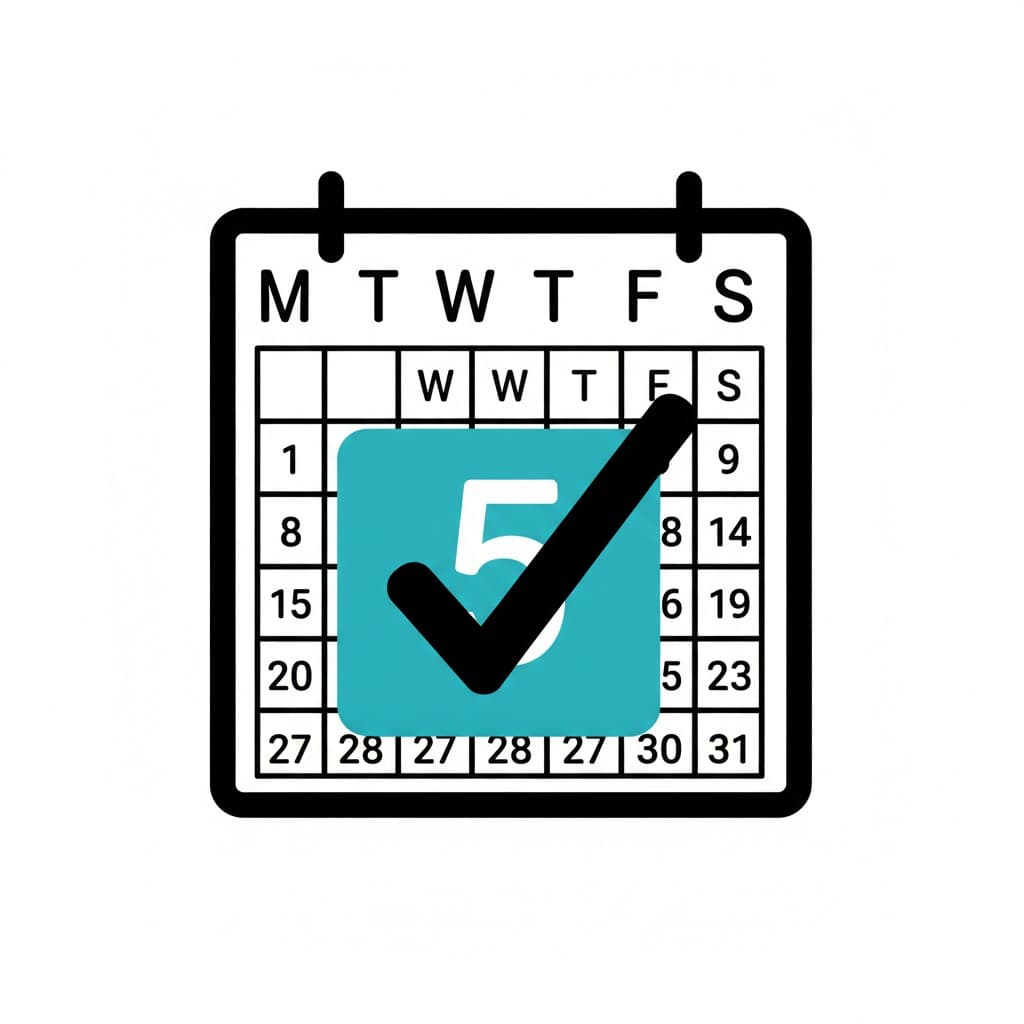 A wall calendar shows one square highlighted in turquoise with a large black check mark over it.