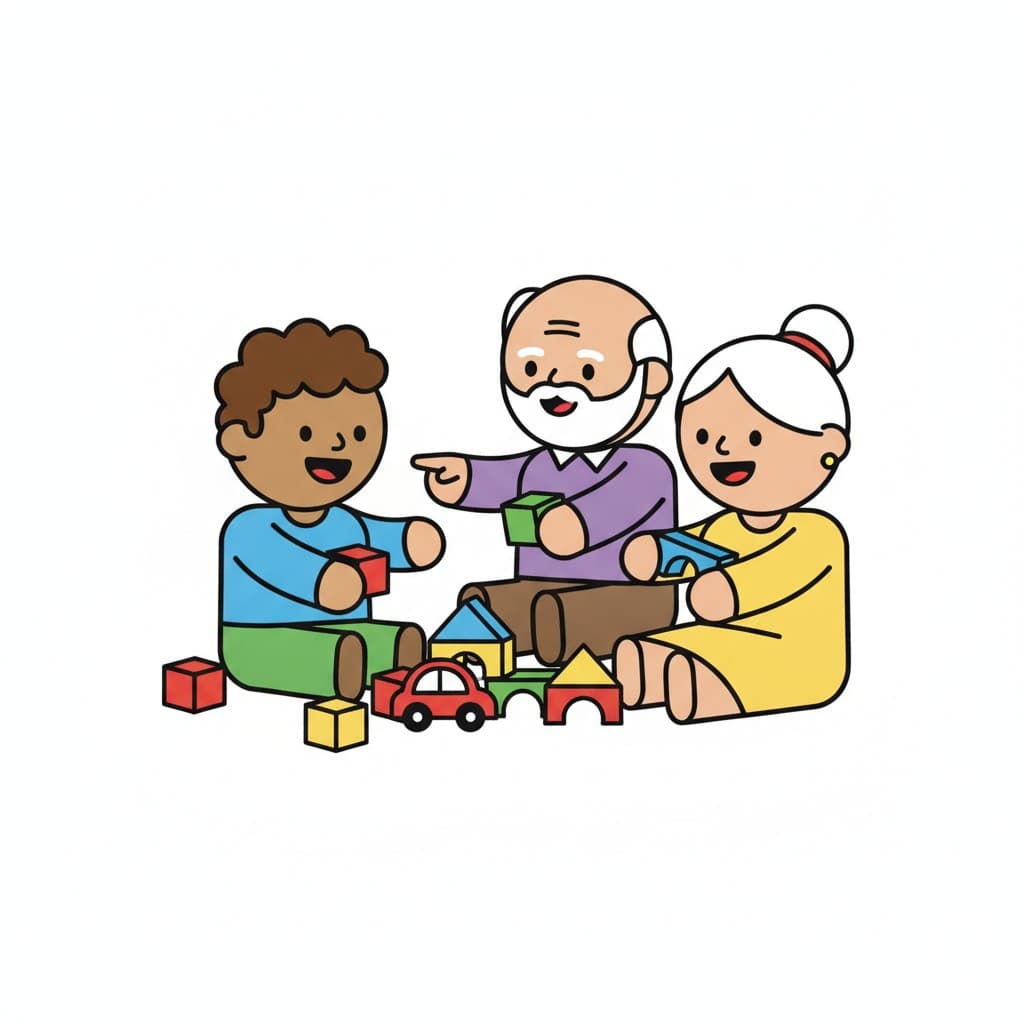 Ein Kind sitzt auf dem Boden und baut mit Bausteinen zusammen mit zwei älteren Personen.