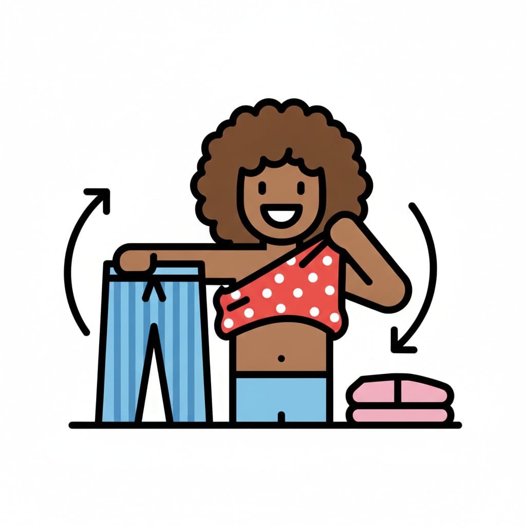 A child pulls off a top next to a pair of pyjama trousers and a pile of clothes.
