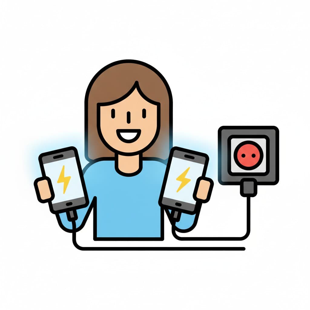 A child holds two devices connected by cables to a wall socket.