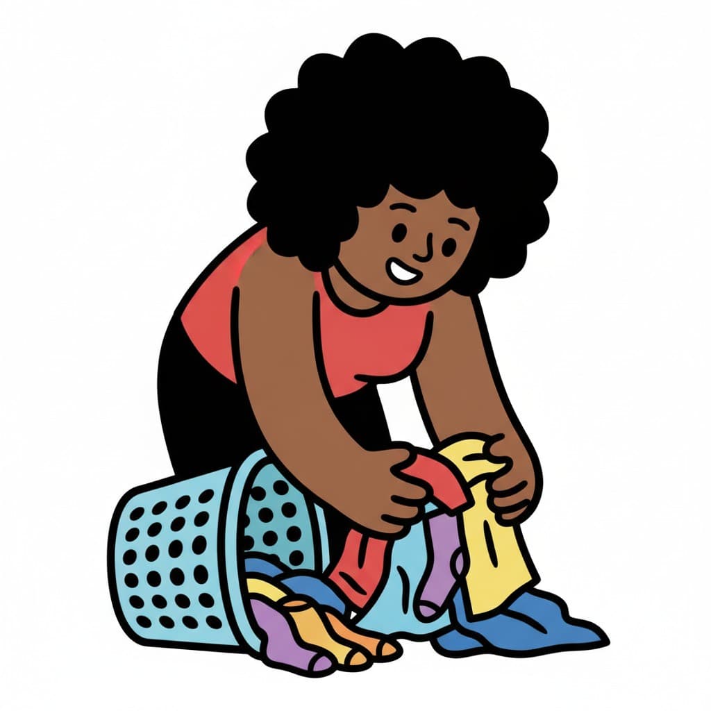 A child picks clothes out of a tipped-over laundry basket.