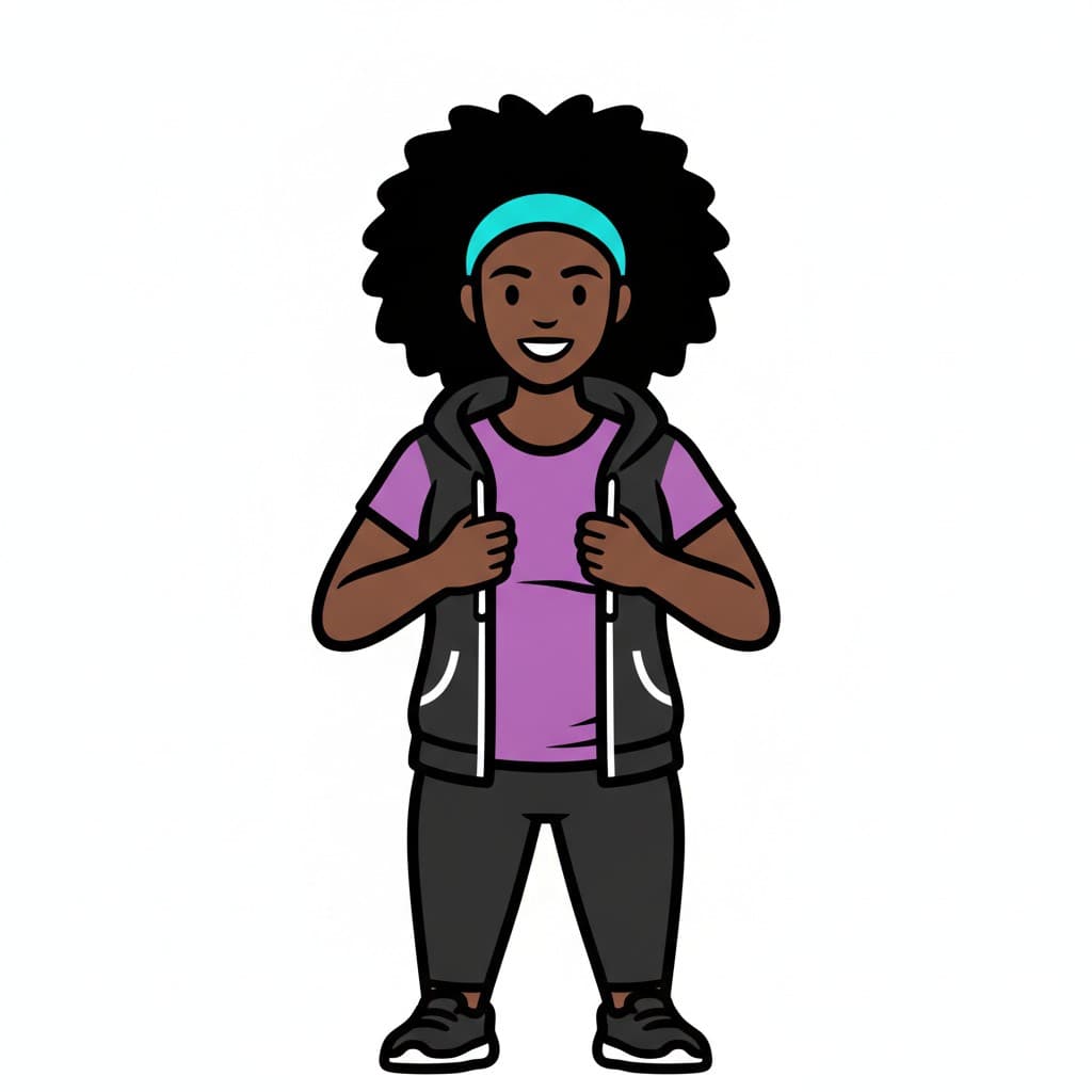 A child stands dressed in leggings, a t-shirt, a vest, a headband and trainers.