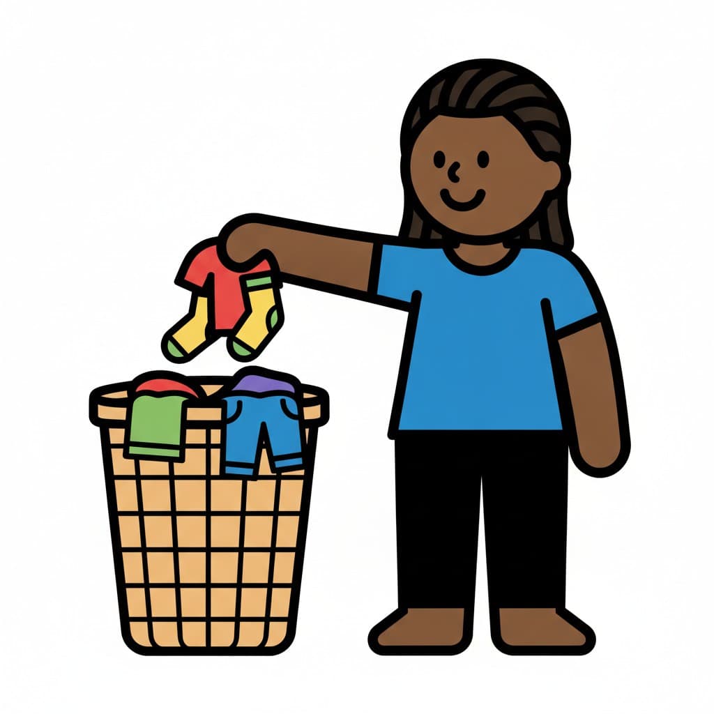 A child drops clothes into a laundry basket.