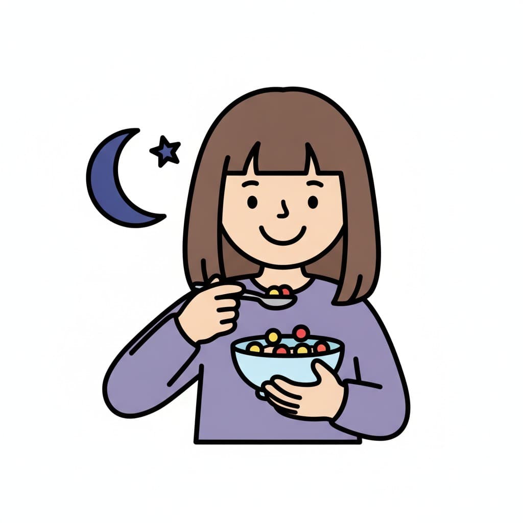 A child eats from a bowl of cereal beneath a moon.