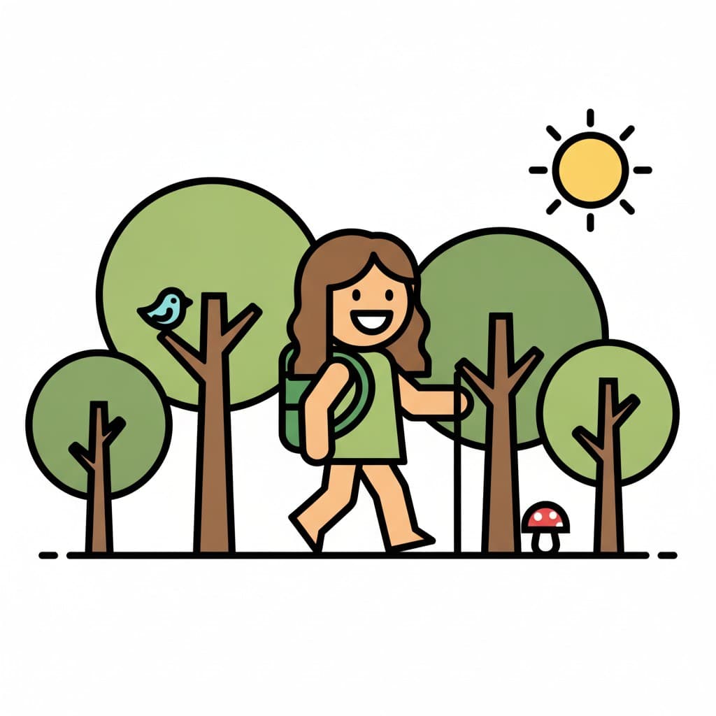 A child with a backpack hikes among the trees in the sunshine.