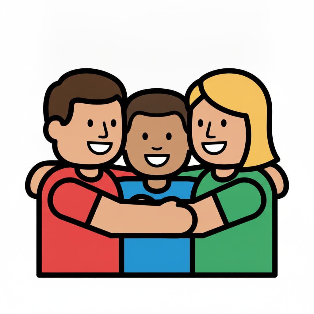 A child hugs their two parents and everyone is smiling together.