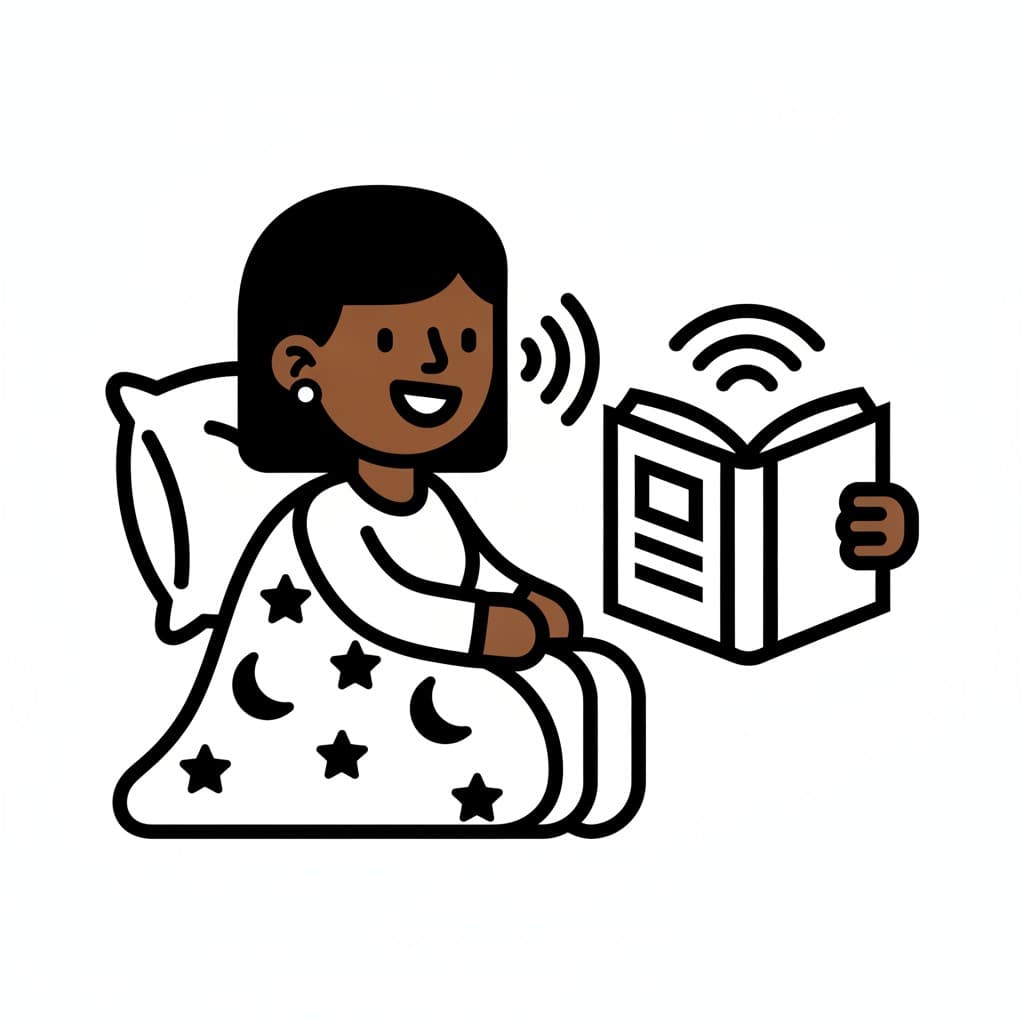 A child lies in bed listening to a book with sound waves.