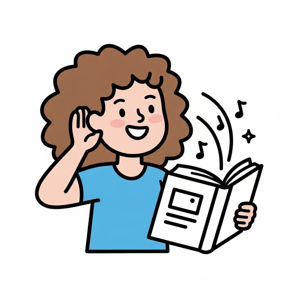 A child listens to a book with music notes around it.