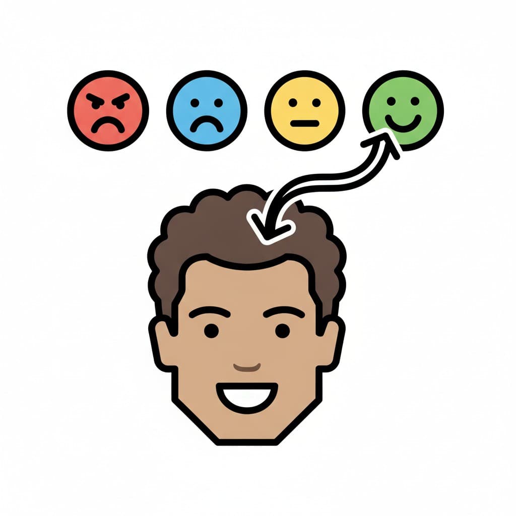 A child beneath a scale of four mood faces with an arrow.