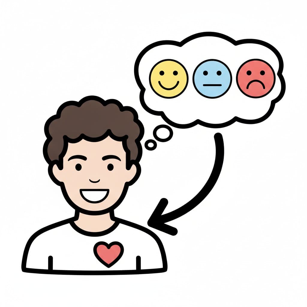 A child with a thought bubble showing happy, neutral and sad faces.