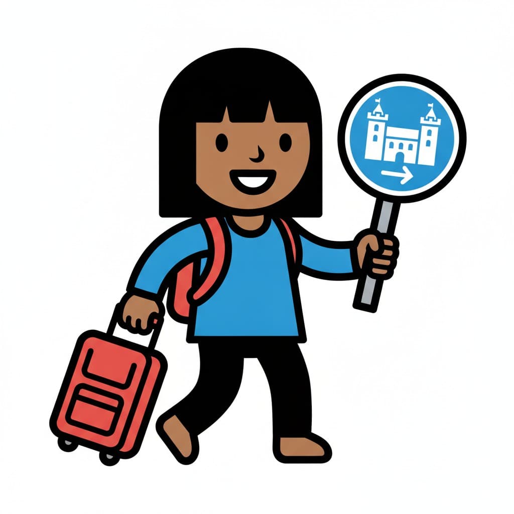A child with a backpack pulls a suitcase and holds a sign with a building.