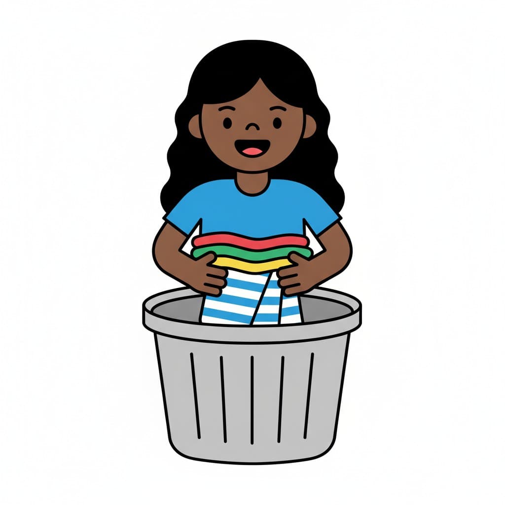 A child puts a pile of clothes into a laundry basket.