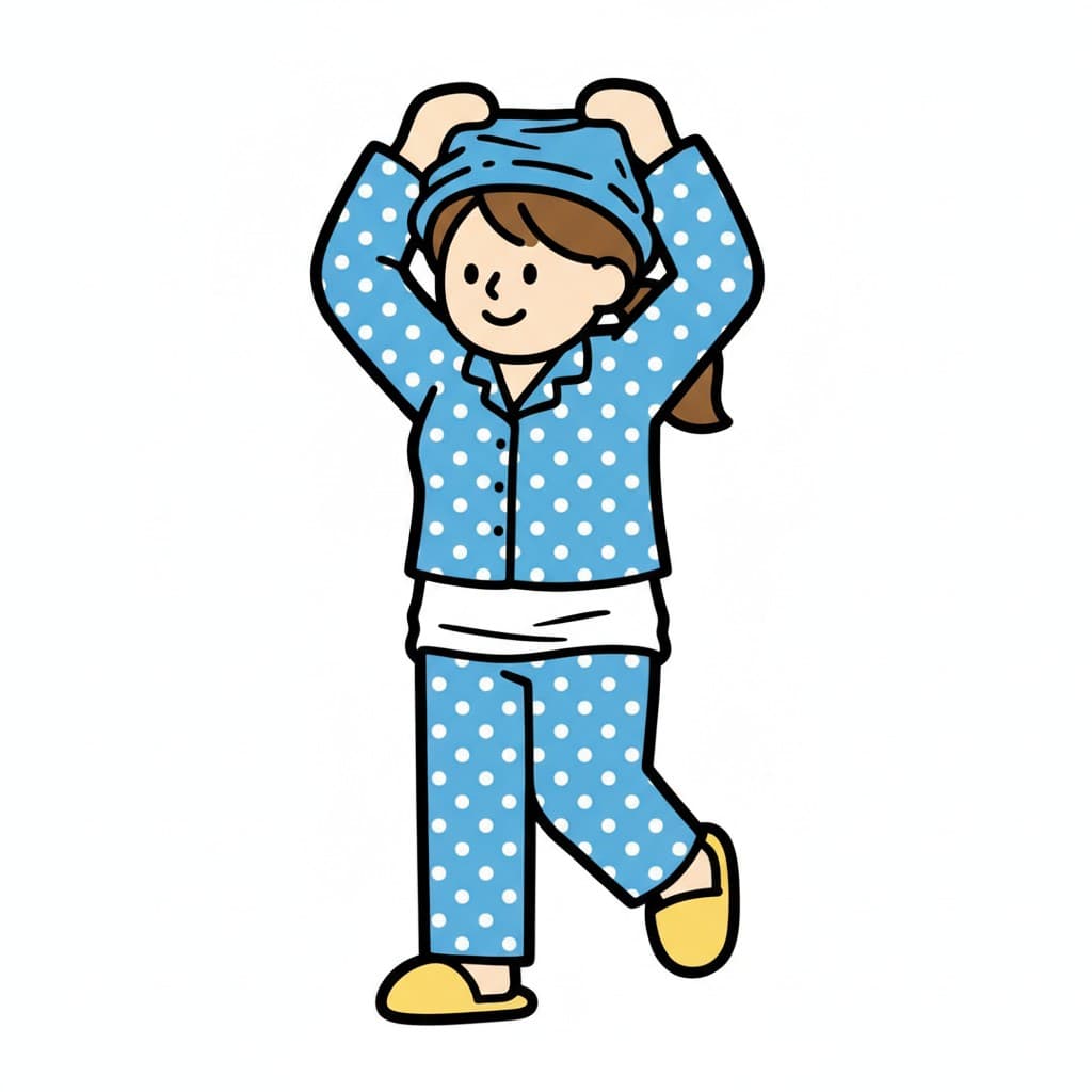 A child puts on spotted pajamas with a towel on their head.