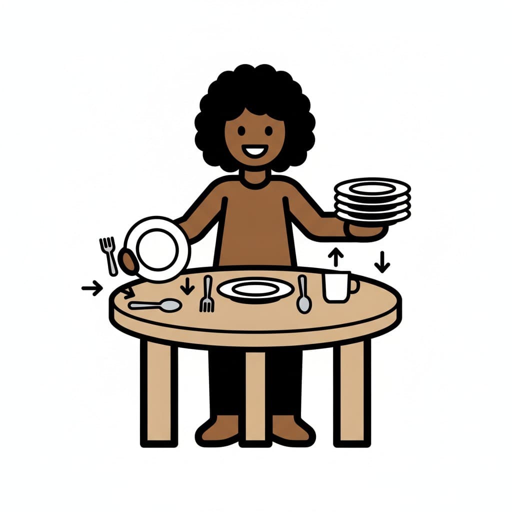 A child sets a round table holding a stack of plates, with arrows showing placement.