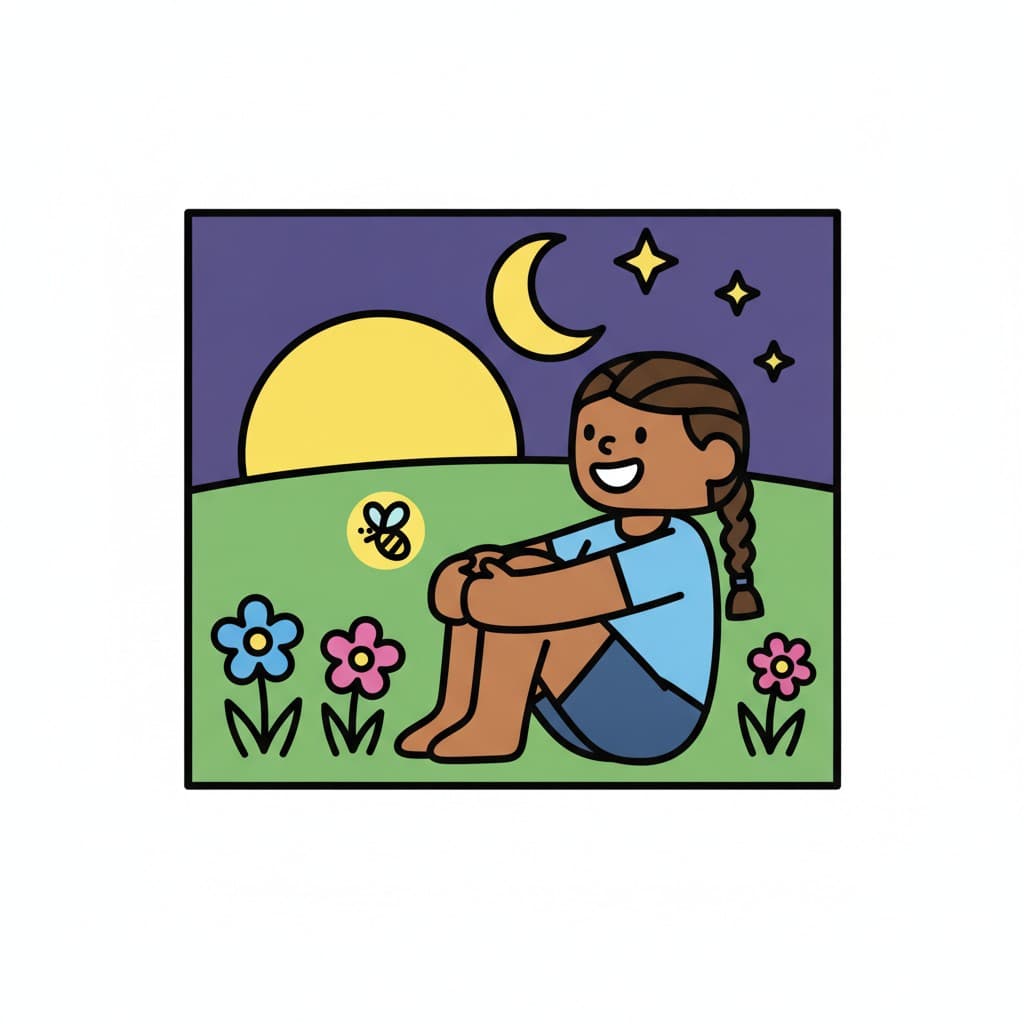 A child sits on the grass at sunset among flowers and a moon.