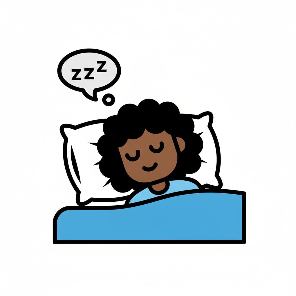 Ett barn sover i en säng under ett blått täcke med en zzz-pratbubbla.