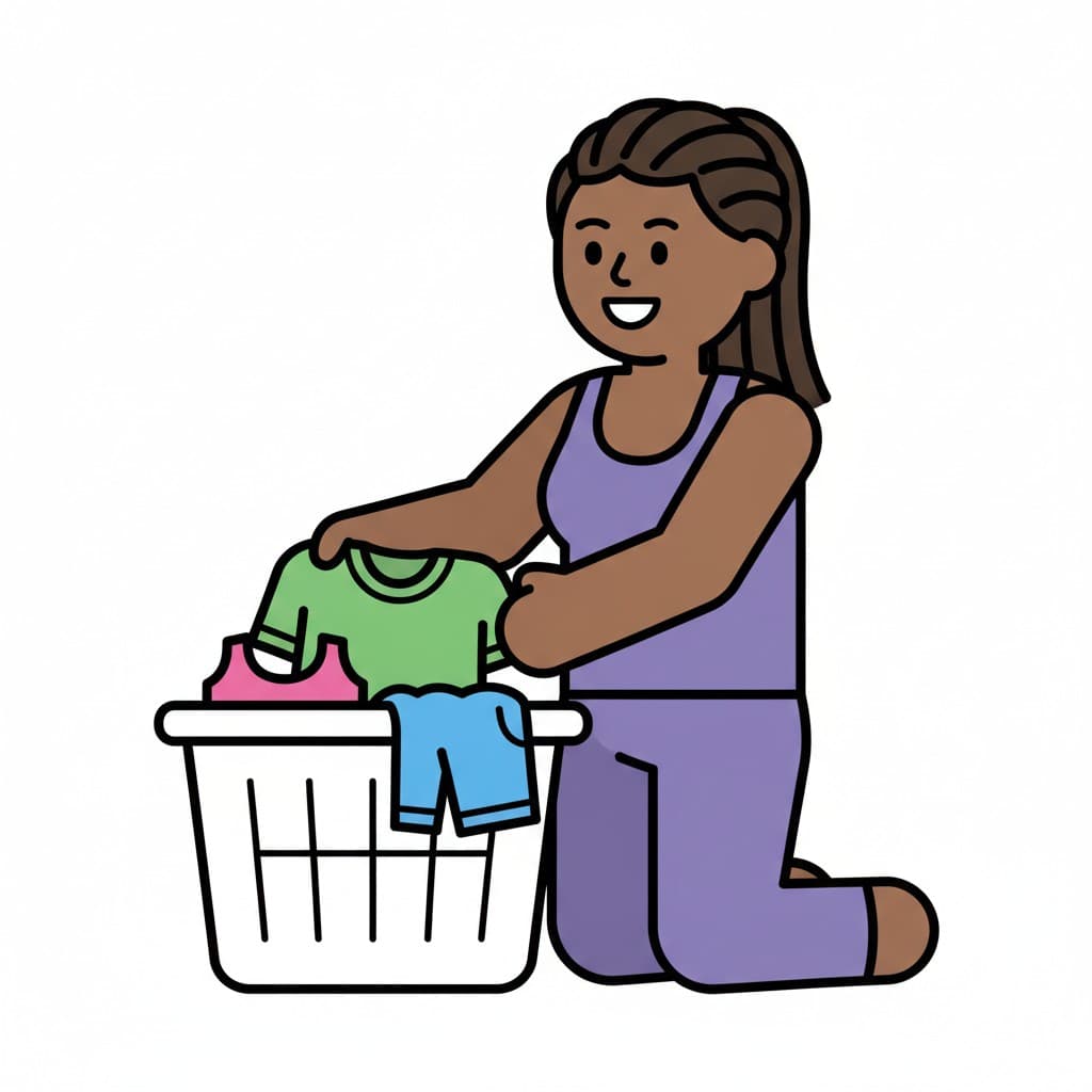 A child folds and sorts clothes into a laundry basket.