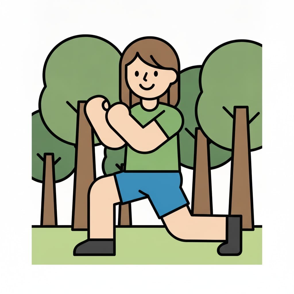 A child does a lunge exercise among the trees in the forest.