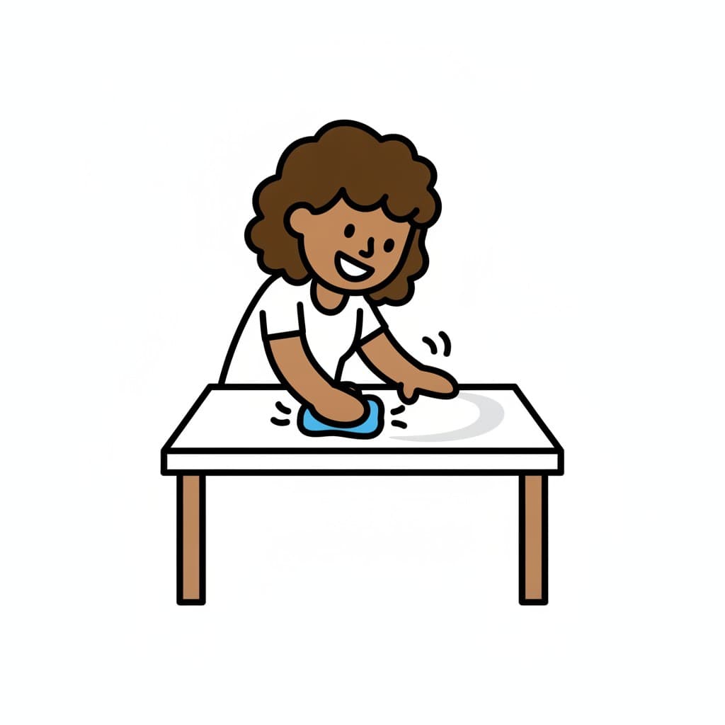 A child wipes a table clean with a blue sponge.