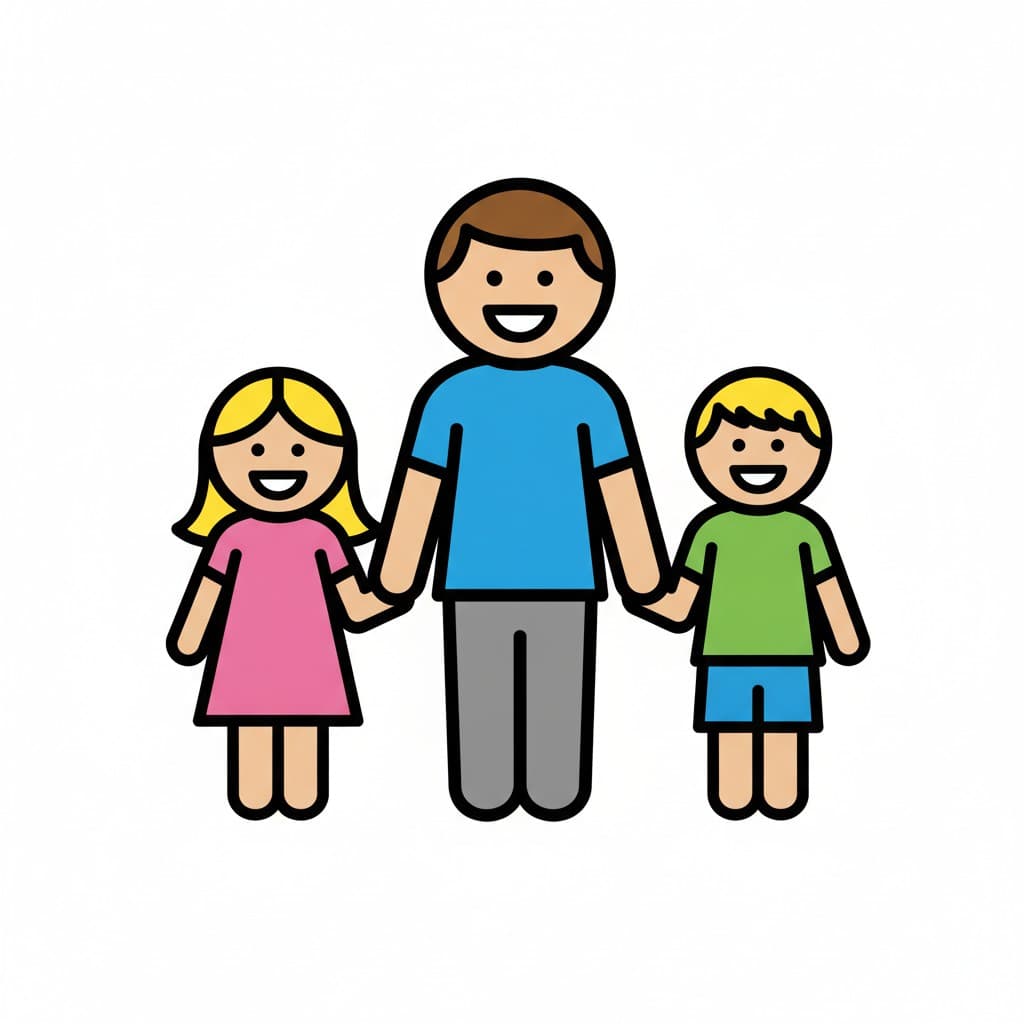 A dad holds hands with his two children while everyone smiles.