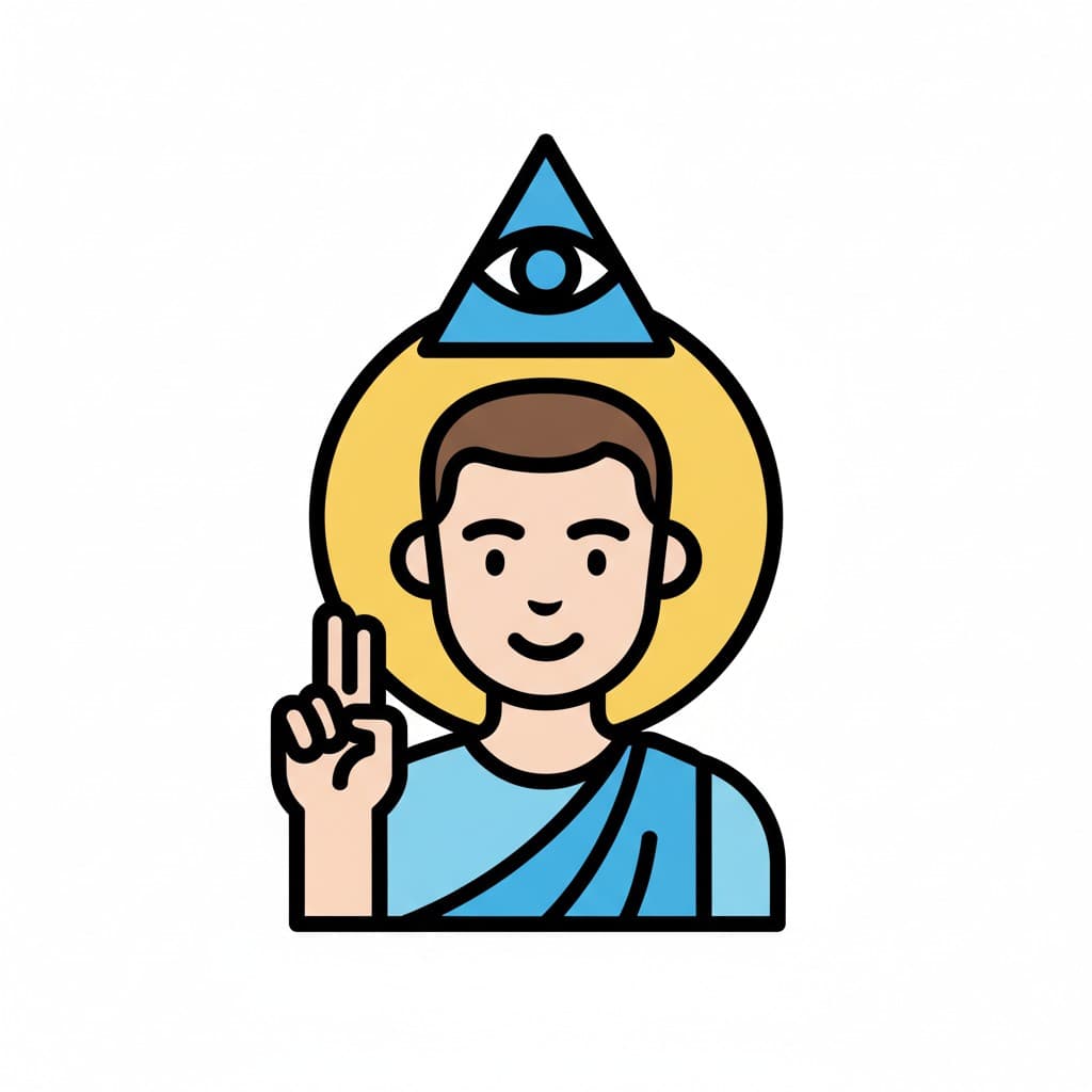 An illustration of a man with a golden halo and an all-seeing eye in a blue pyramid above his head, holding up two fingers.