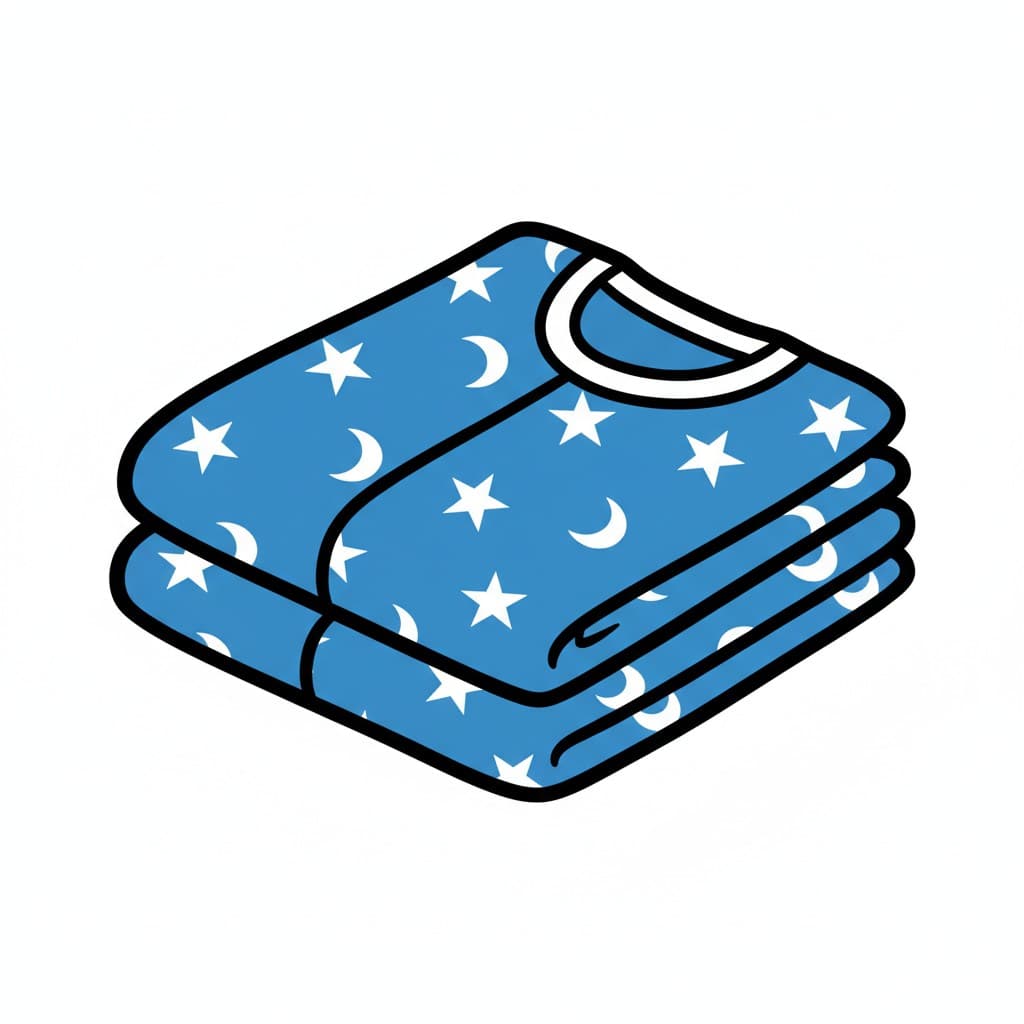 Neatly folded blue pajamas covered in white stars and moons, finished with a white neckband.