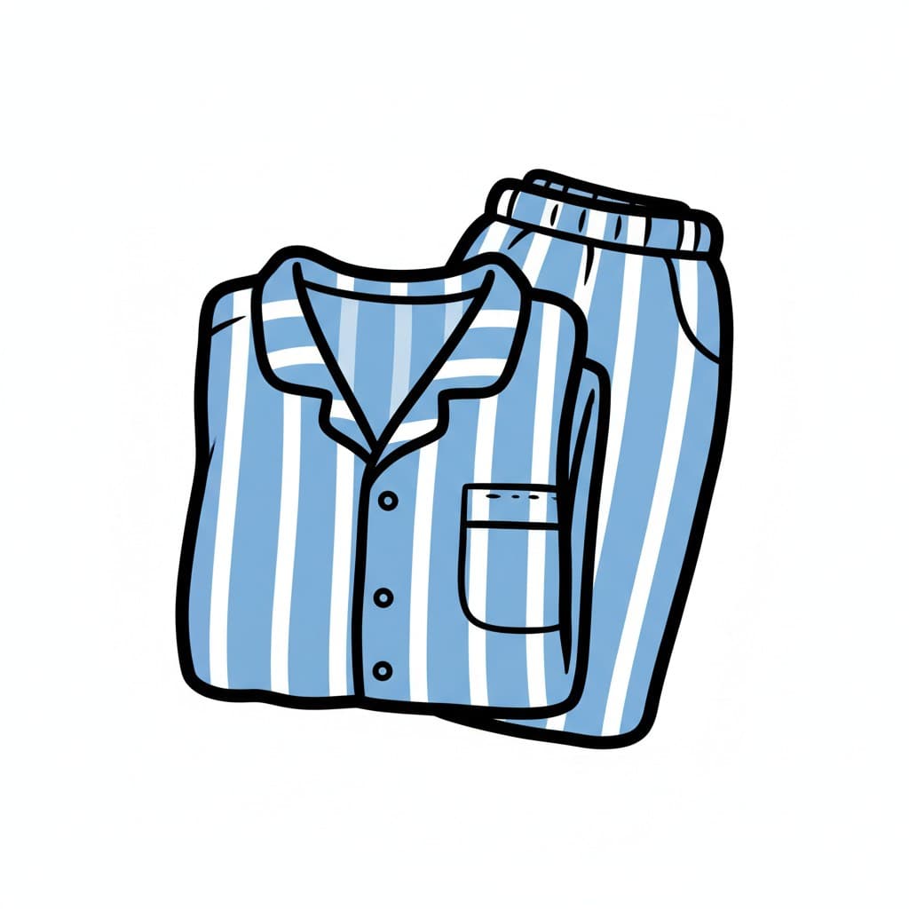 Ett par vikta blå- och vitrandiga pyjamas med knappar.