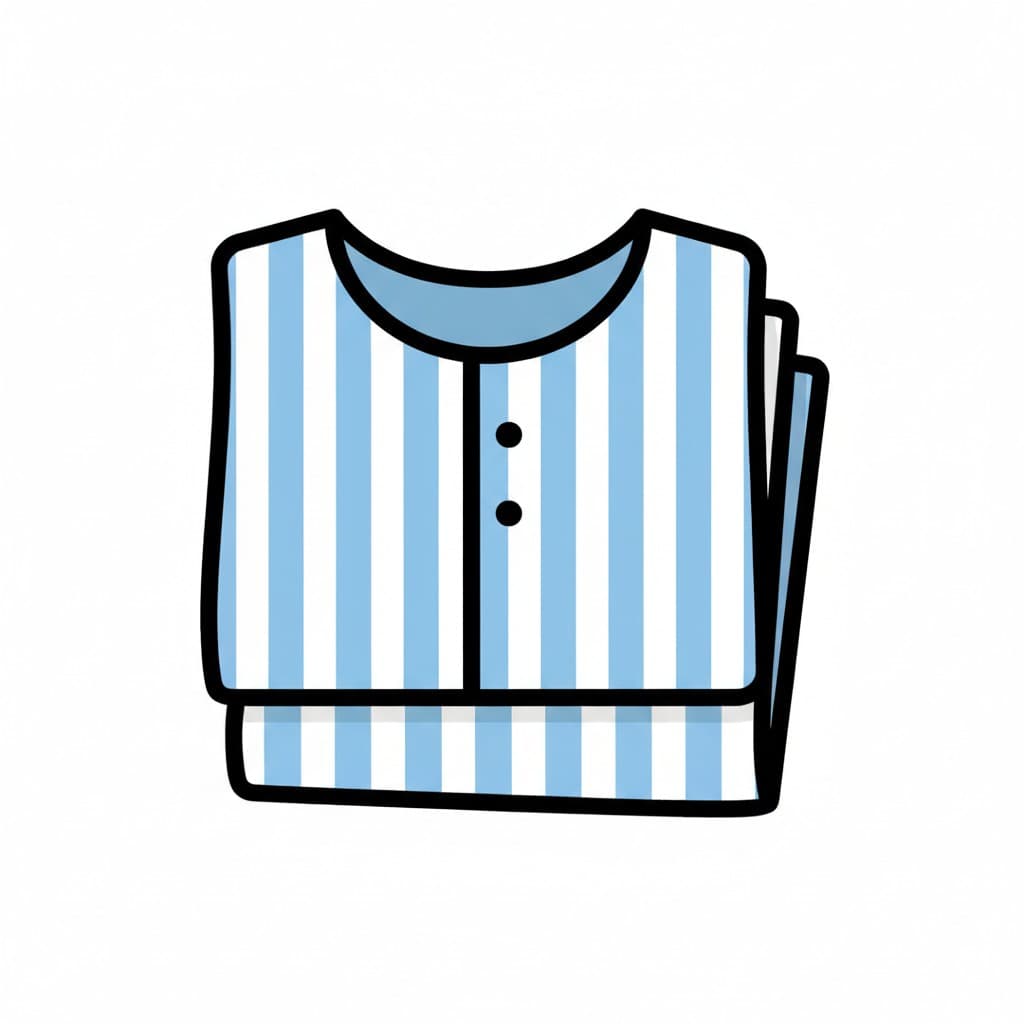 A neatly folded light blue striped pyjama set with two buttons at the neckline.