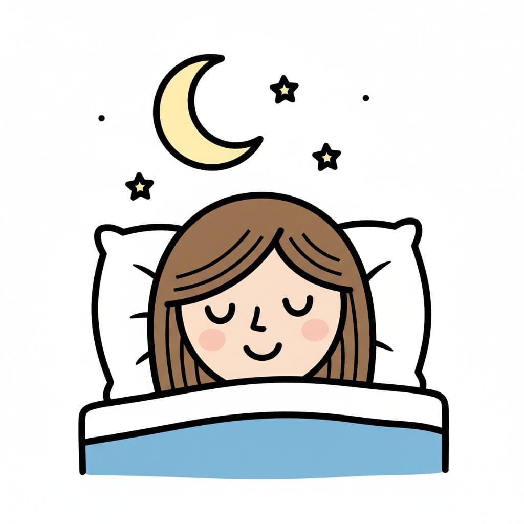 Between two white pillows, a girl with long brown hair sleeps peacefully under a blue duvet as a crescent moon and stars shine overhead.
