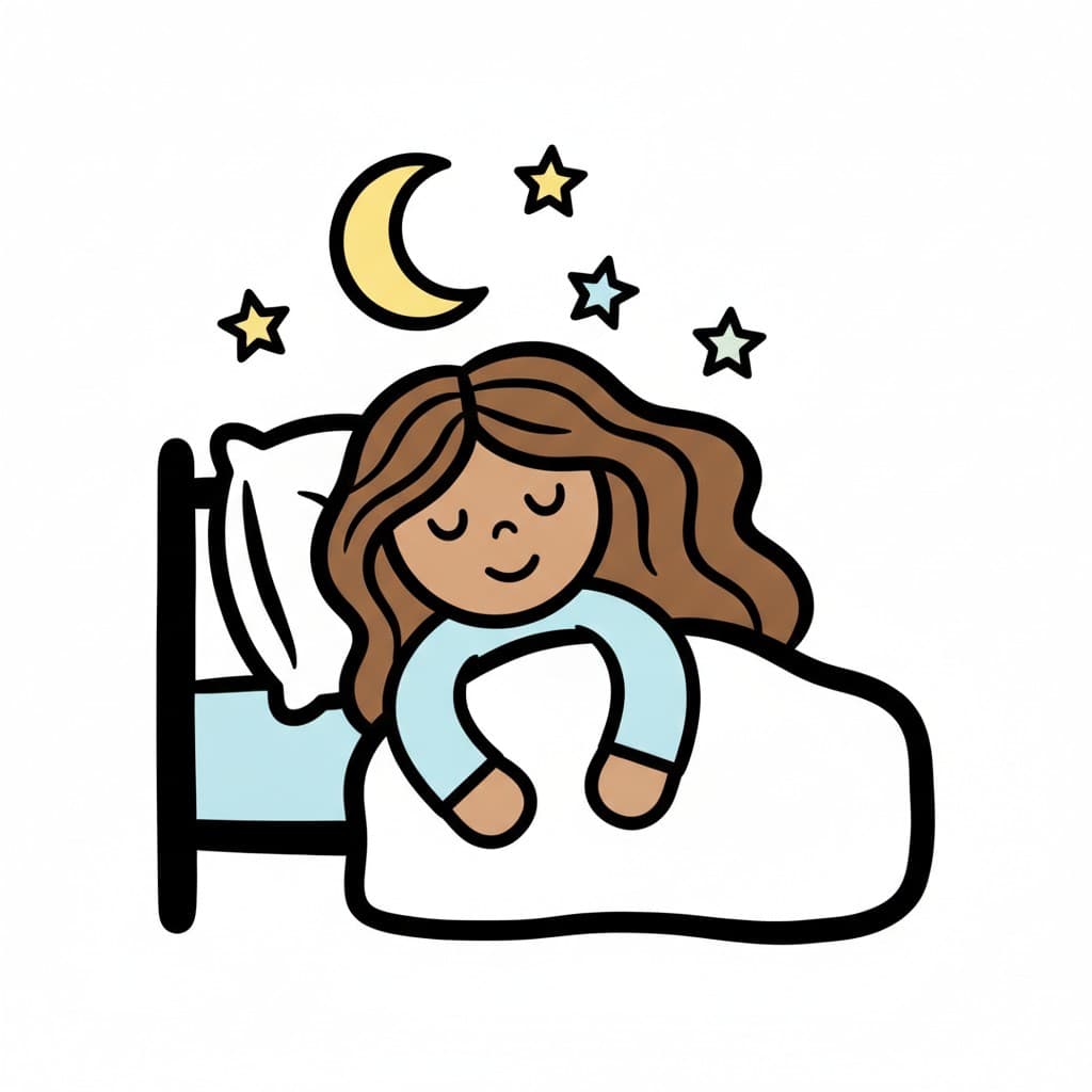 A girl with long wavy hair sleeps peacefully in her bed under a white duvet, wearing light blue pyjamas, with a crescent moon and stars above her.