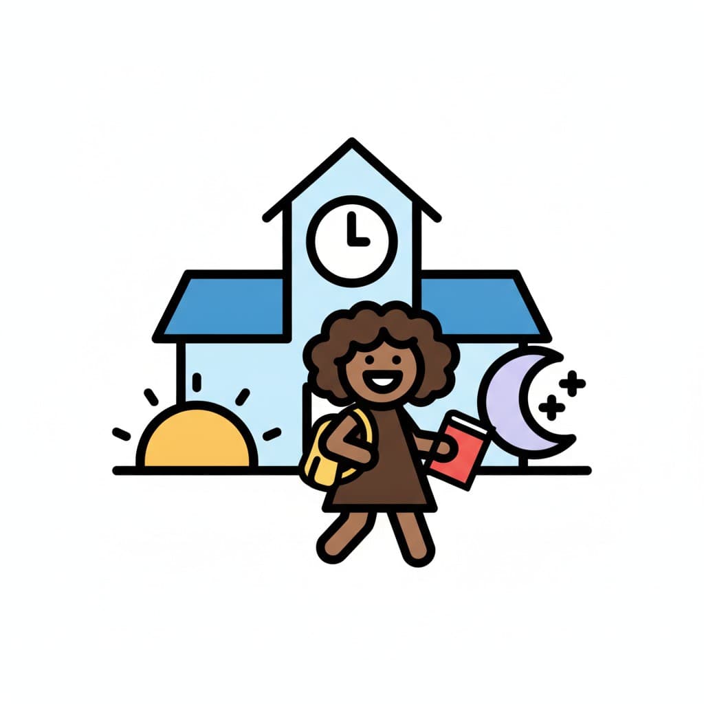 A girl carrying a backpack and a book stands in front of a school building with a sun on one side and a moon on the other.