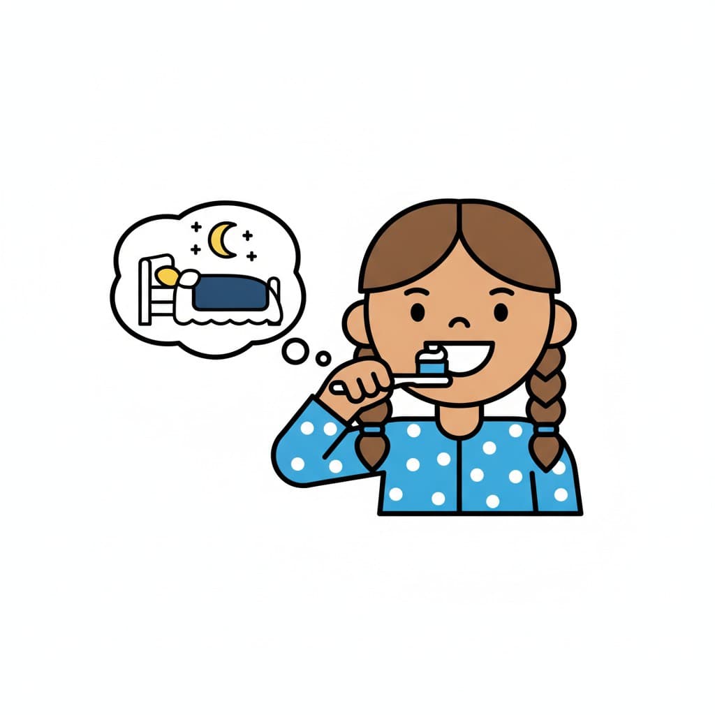 A girl in spotted pyjamas brushes her teeth while a thought bubble shows a bed under the moon.