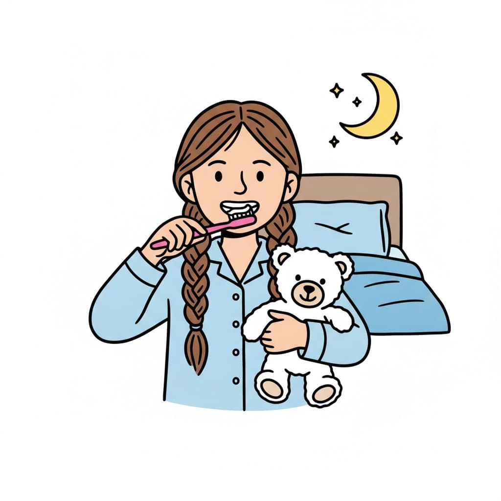 A girl in light blue pyjamas with a braid brushes her teeth while holding a white teddy bear, with her bed and a crescent moon behind her.