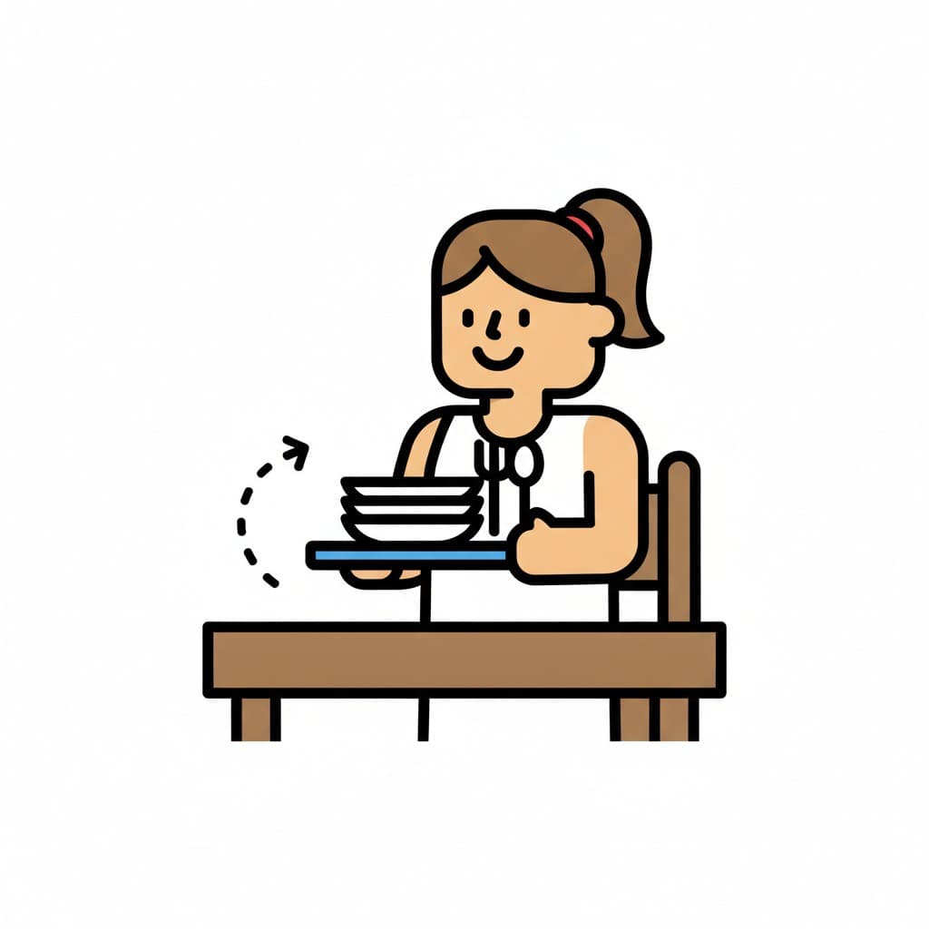 A girl with a ponytail lifts a tray of stacked bowls and cutlery from the table, with a dashed arrow showing where it goes.